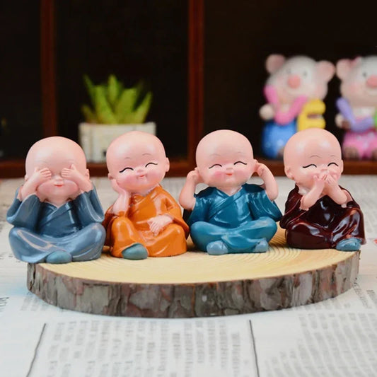 4Pcs/Set Resin Crafts – Lovely Little Monk Sculptures & Cute Buddha Dolls