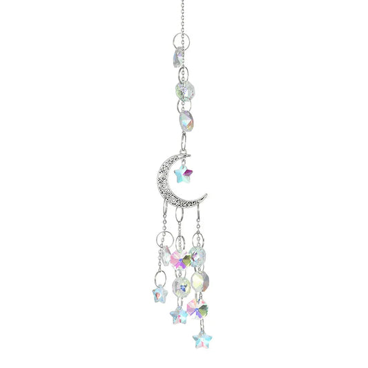 Moon Pentagram Crystal Sun Catcher – Silver/Gold Hanging Pendant for Window & Garden Decor